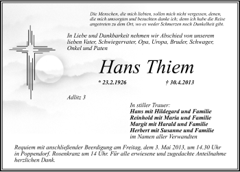 Traueranzeige von Hans Thiem von Nordbayerische Nachrichten Pegnitz Lokal