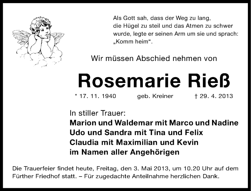  Traueranzeige für Rosemarie Rieß vom 03.05.2013 aus Fürther Nachrichten Lokal