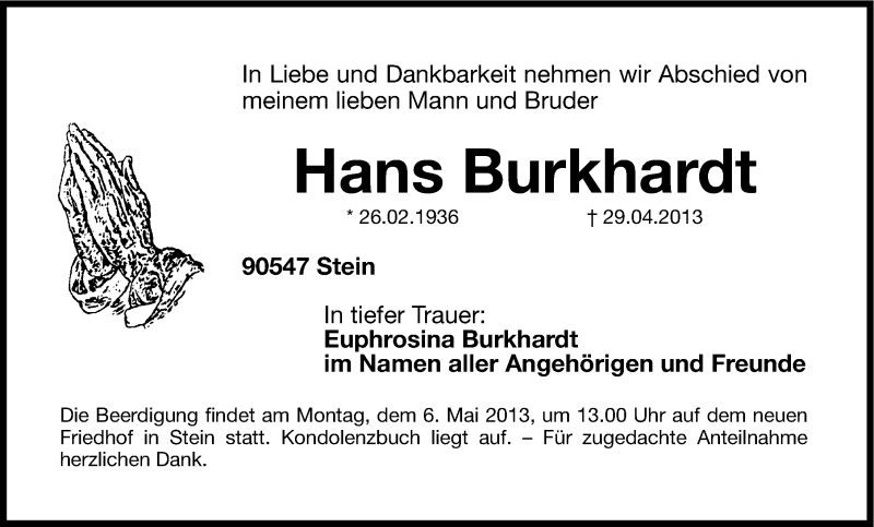  Traueranzeige für Hans Burkhardt vom 04.05.2013 aus Gesamtausgabe Nürnberger Nachrichten/ Nürnberger Ztg.