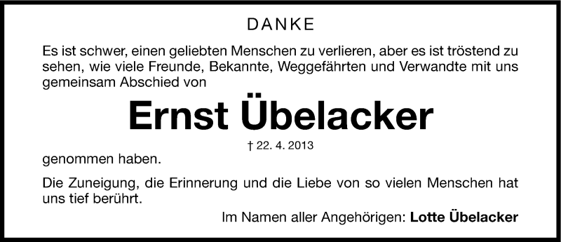  Traueranzeige für Ernst Übelacker vom 04.05.2013 aus Fürther Nachrichten Lokal