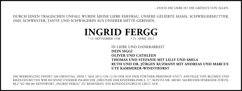 Traueranzeige für Ingrid Fergg vom 04.05.2013 aus Gesamtausgabe Nürnberger Nachrichten/ Nürnberger Ztg.