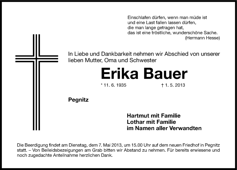  Traueranzeige für Erika Bauer vom 04.05.2013 aus Nordbayerische Nachrichten Pegnitz Lokal