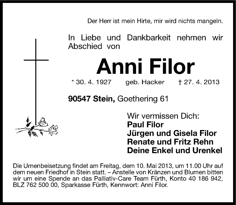  Traueranzeige für Anni Filor vom 04.05.2013 aus Gesamtausgabe Nürnberger Nachrichten/ Nürnberger Ztg.