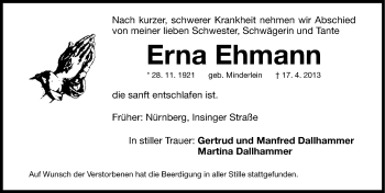 Traueranzeige von Erna Ehmann von Gesamtausgabe Nürnberger Nachrichten/ Nürnberger Ztg.
