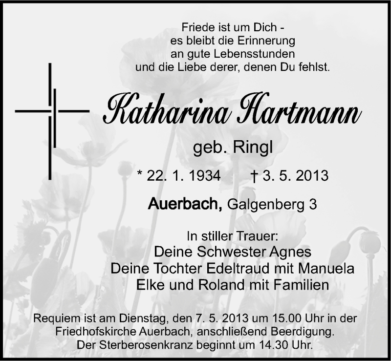  Traueranzeige für Katharina Hartmann vom 04.05.2013 aus Nordbayerische Nachrichten Pegnitz Lokal
