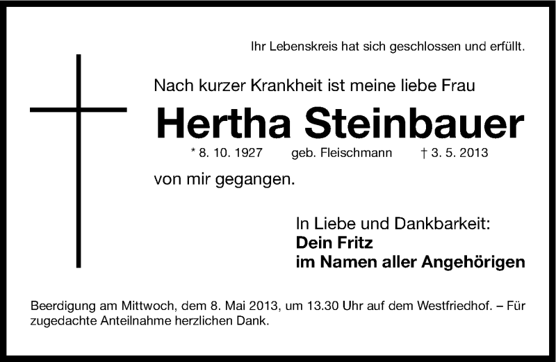  Traueranzeige für Hertha Steinbauer vom 04.05.2013 aus Gesamtausgabe Nürnberger Nachrichten/ Nürnberger Ztg.