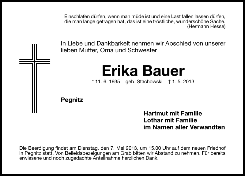  Traueranzeige für Erika Bauer vom 06.05.2013 aus Nordbayerische Nachrichten Pegnitz Lokal