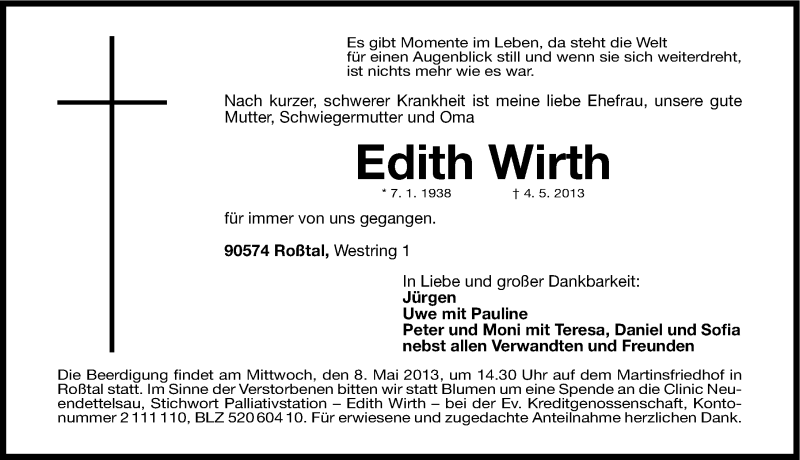 Traueranzeigen Von Edith Wirth | Trauer.nn.de