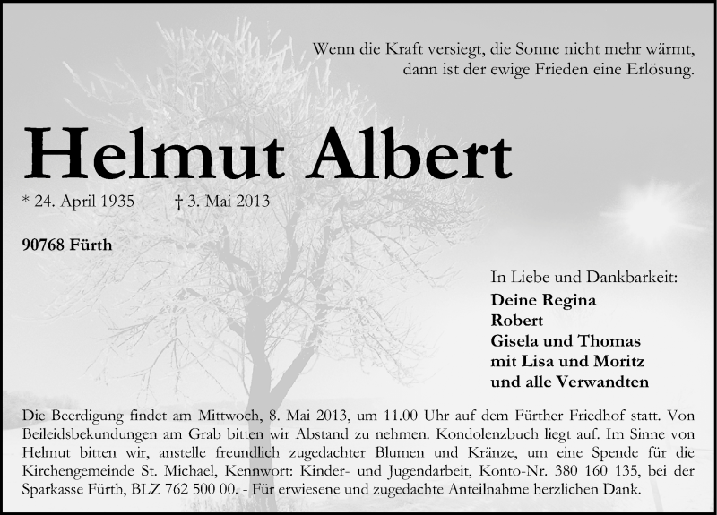  Traueranzeige für Helmut Albert vom 06.05.2013 aus Fürther Nachrichten Lokal