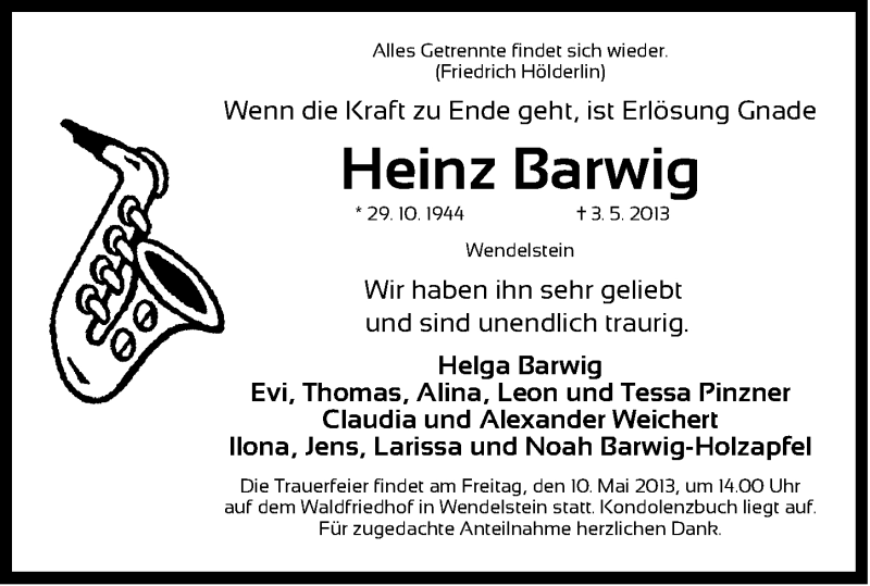  Traueranzeige für Heinz Barwig vom 08.05.2013 aus Gesamtausgabe Nürnberger Nachrichten/ Nürnberger Ztg.
