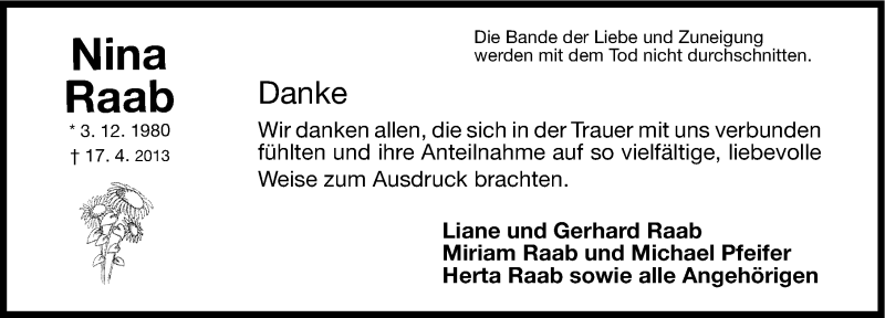  Traueranzeige für Nina Raab vom 11.05.2013 aus Fürther Nachrichten Lokal