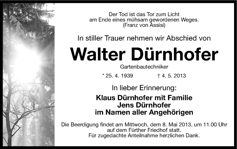  Traueranzeige für Walter Dürnhofer vom 07.05.2013 aus Gesamtausgabe Nürnberger Nachrichten/ Nürnberger Ztg.