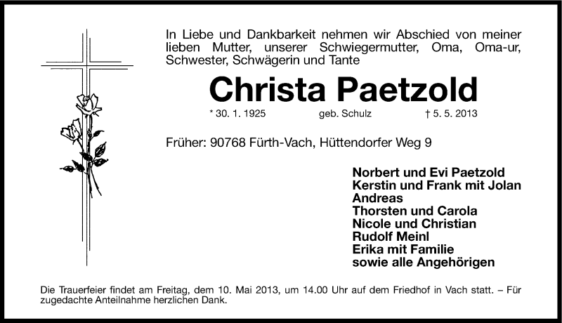  Traueranzeige für Christa Paetzold vom 07.05.2013 aus Fürther Nachrichten Lokal