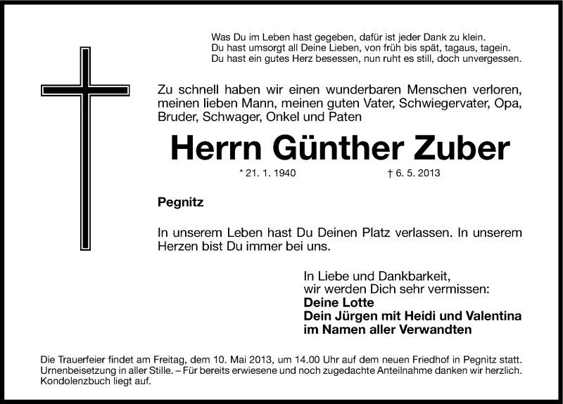  Traueranzeige für Günther Zuber vom 08.05.2013 aus Nordbayerische Nachrichten Pegnitz Lokal