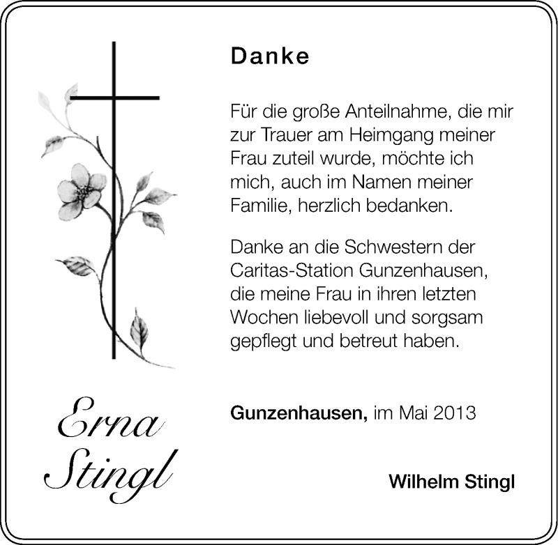  Traueranzeige für Erna Stingl vom 09.05.2013 aus Altmühl-Bote Lokal