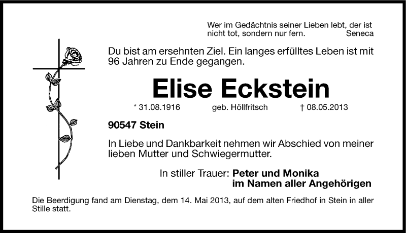  Traueranzeige für Elise Eckstein vom 18.05.2013 aus Gesamtausgabe Nürnberger Nachrichten/ Nürnberger Ztg.