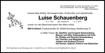 Traueranzeige von Luise Schauenberg von Gesamtausgabe Nürnberger Nachrichten/ Nürnberger Ztg.