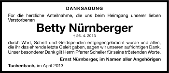 Traueranzeige von Betty Nürnberger von Fürther Nachrichten Lokal