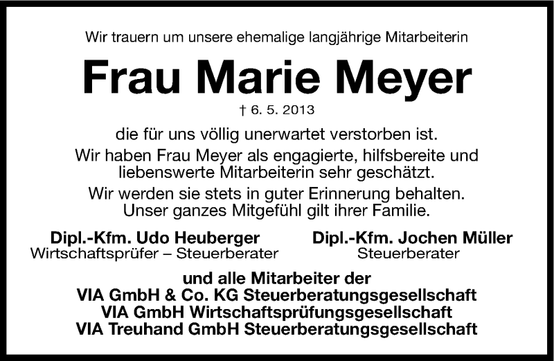  Traueranzeige für Marie Meyer vom 13.05.2013 aus Gesamtausgabe Nürnberger Nachrichten/ Nürnberger Ztg.