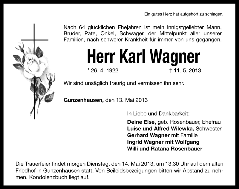  Traueranzeige für Karl Wagner vom 13.05.2013 aus Altmühl-Bote Lokal