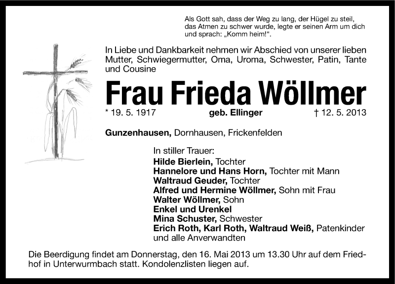  Traueranzeige für Frieda Wöllmer vom 15.05.2013 aus Altmühl-Bote Lokal
