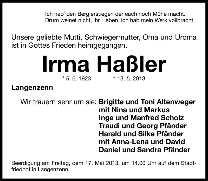  Traueranzeige für Irma Haßler vom 14.05.2013 aus Fürther Nachrichten Lokal