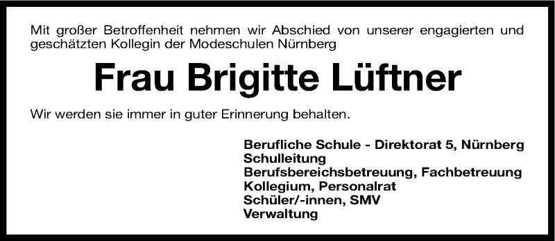  Traueranzeige für Brigitte Lüftner vom 15.05.2013 aus Gesamtausgabe Nürnberger Nachrichten/ Nürnberger Ztg.