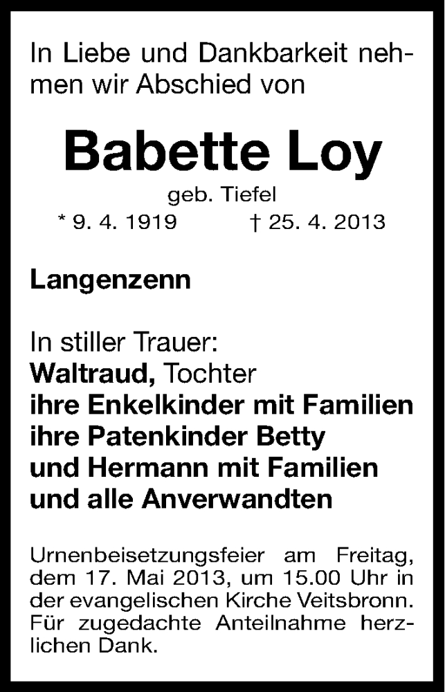  Traueranzeige für Babette Loy vom 15.05.2013 aus Fürther Nachrichten Lokal