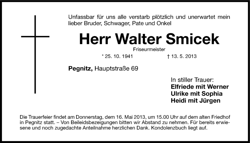  Traueranzeige für Walter Smicek vom 15.05.2013 aus Nordbayerische Nachrichten Pegnitz Lokal