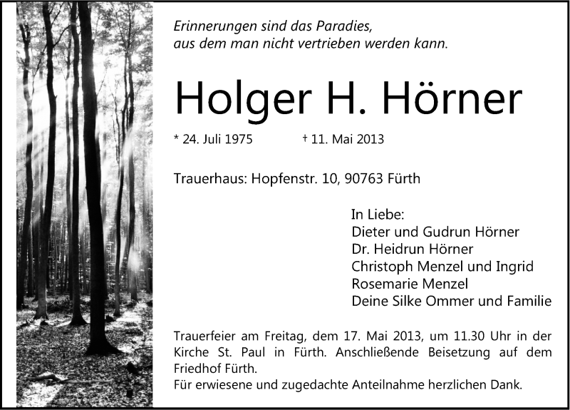  Traueranzeige für Holger Hörner vom 15.05.2013 aus Fürther Nachrichten Lokal