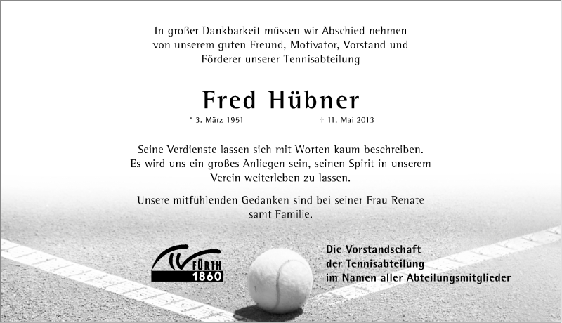  Traueranzeige für Fred Hübner vom 15.05.2013 aus Fürther Nachrichten Lokal