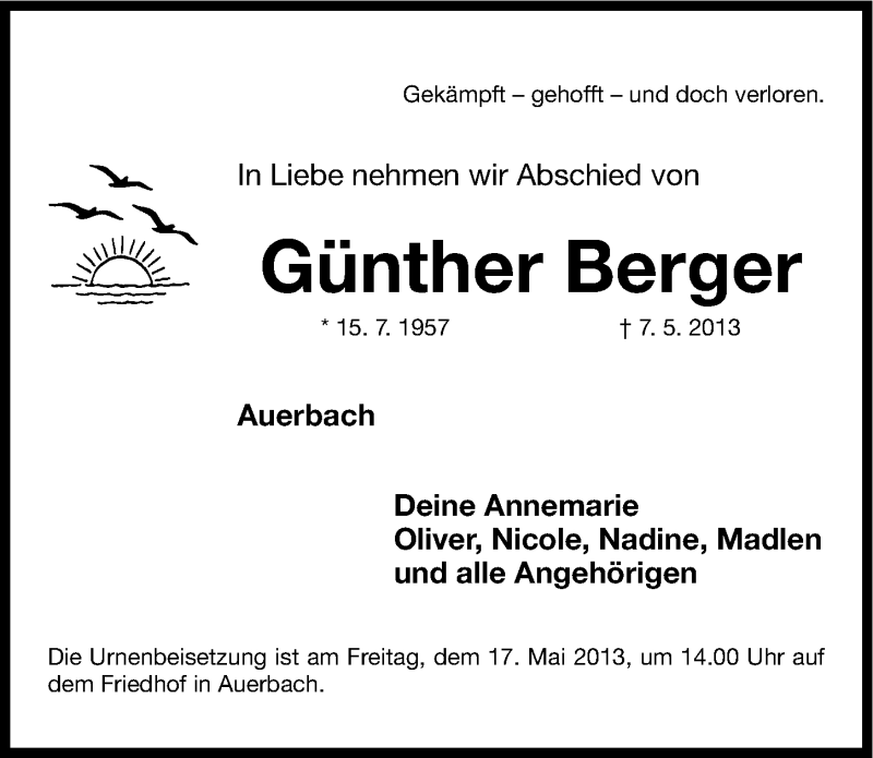  Traueranzeige für Günther Berger vom 16.05.2013 aus Nordbayerische Nachrichten Pegnitz Lokal