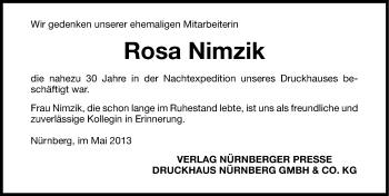 Traueranzeige von Rosa Nimzik von Gesamtausgabe Nürnberger Nachrichten/ Nürnberger Ztg.