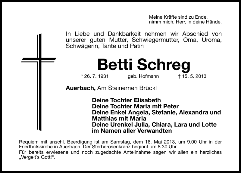  Traueranzeige für Betti Schreg vom 17.05.2013 aus Nordbayerische Nachrichten Pegnitz Lokal