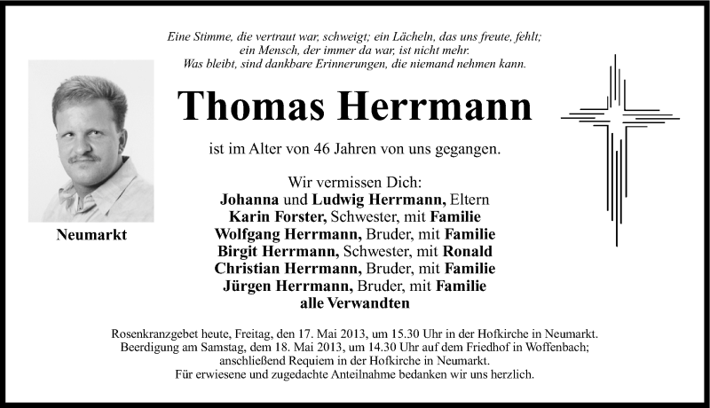  Traueranzeige für Thomas Herrmann vom 17.05.2013 aus Neumarkter Nachrichten Lokal