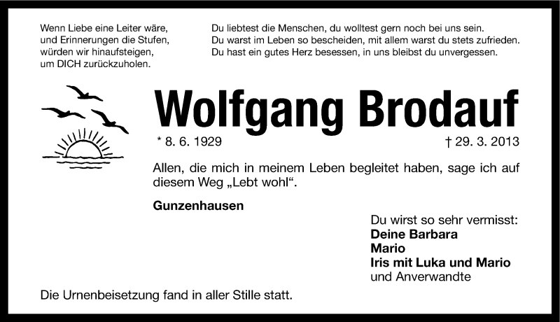  Traueranzeige für Wolfgang Brodauf vom 18.05.2013 aus Altmühl-Bote Lokal