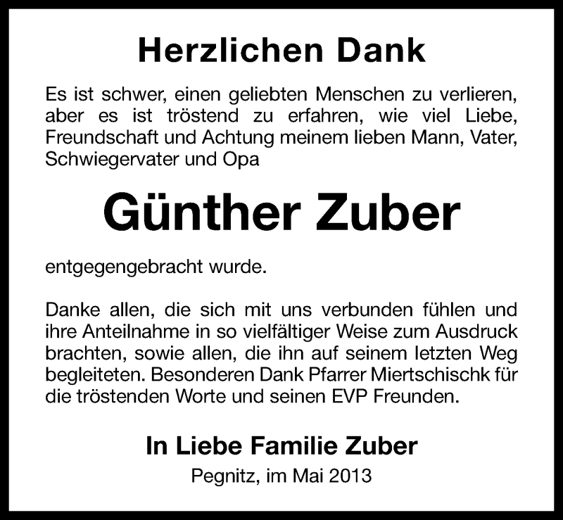  Traueranzeige für Günther Zuber vom 18.05.2013 aus Nordbayerische Nachrichten Pegnitz Lokal