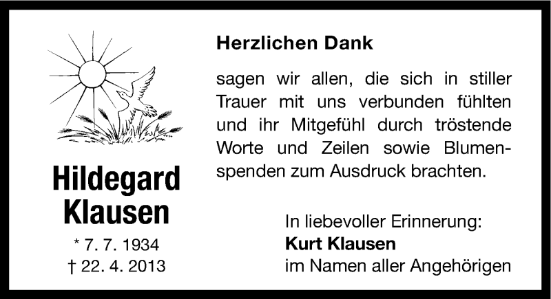  Traueranzeige für Hildegard Klausen vom 18.05.2013 aus Altmühl-Bote Lokal
