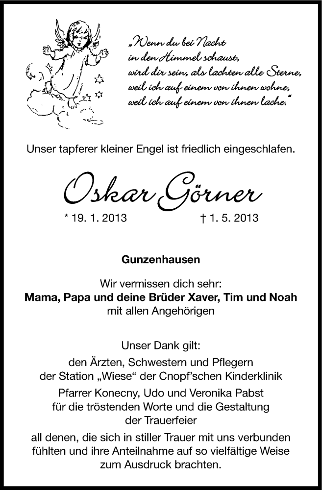  Traueranzeige für Oskar Görner vom 18.05.2013 aus Altmühl-Bote Lokal