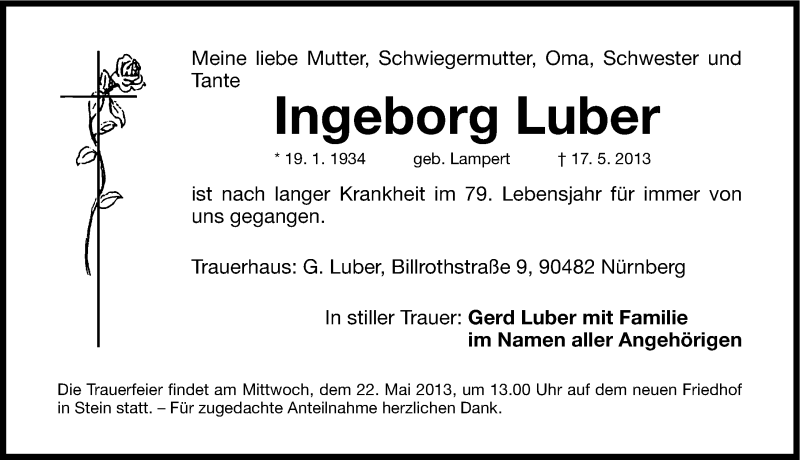  Traueranzeige für Ingeborg Luber vom 21.05.2013 aus Gesamtausgabe Nürnberger Nachrichten/ Nürnberger Ztg.