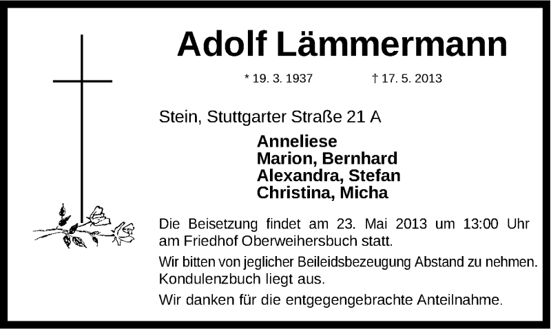 Traueranzeige für Adolf Lämmermann vom 21.05.2013 aus Fürther Nachrichten Lokal