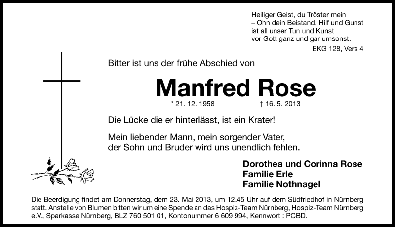  Traueranzeige für Manfred Rose vom 21.05.2013 aus Gesamtausgabe Nürnberger Nachrichten/ Nürnberger Ztg.
