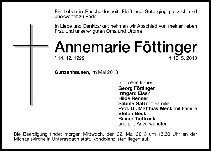  Traueranzeige für Annemarie Föttiniger vom 21.05.2013 aus Altmühl-Bote Lokal