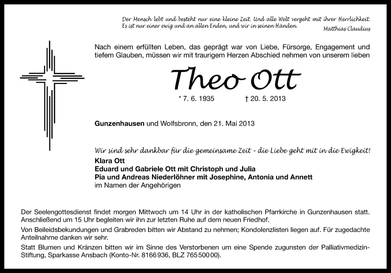  Traueranzeige für Theo Ott vom 21.05.2013 aus Altmühl-Bote Lokal