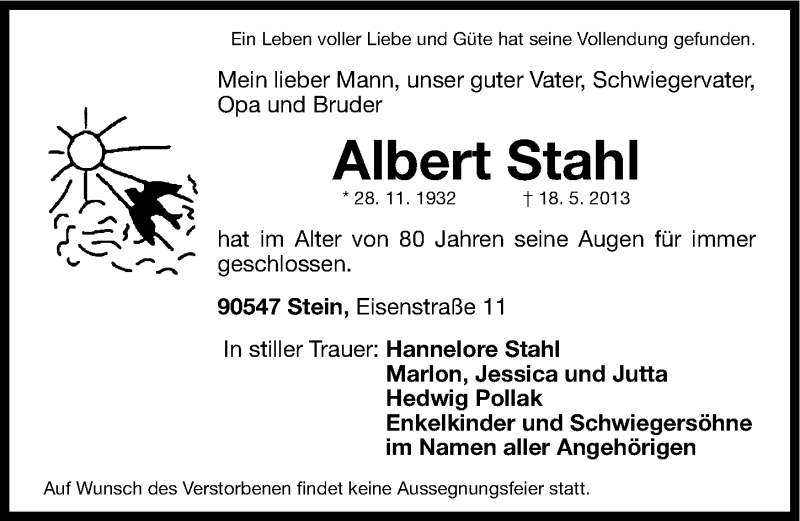  Traueranzeige für Albert Stahl vom 22.05.2013 aus Gesamtausgabe Nürnberger Nachrichten/ Nürnberger Ztg.