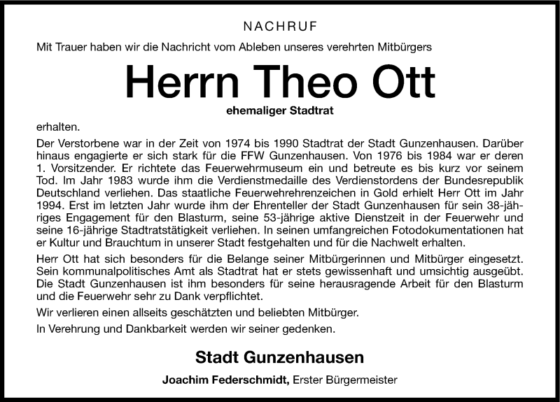  Traueranzeige für Theo Ott vom 22.05.2013 aus Altmühl-Bote Lokal