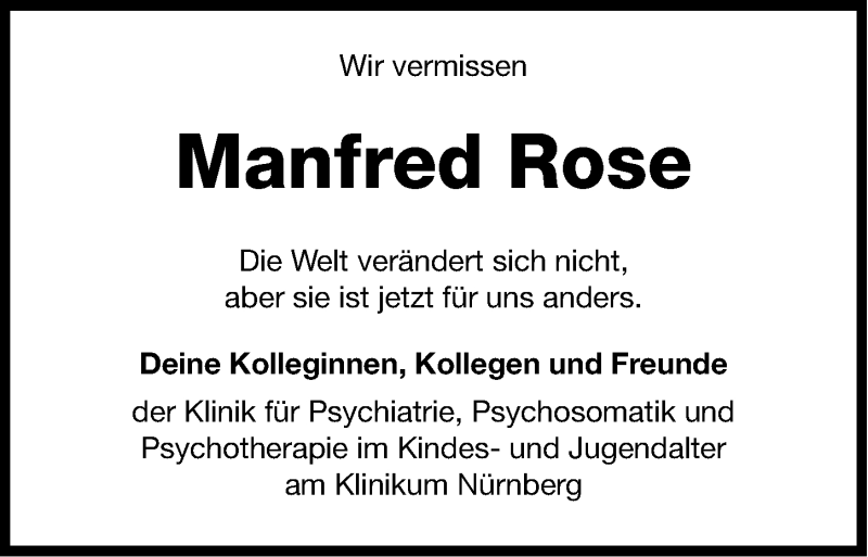  Traueranzeige für Manfred Rose vom 22.05.2013 aus Gesamtausgabe Nürnberger Nachrichten/ Nürnberger Ztg.
