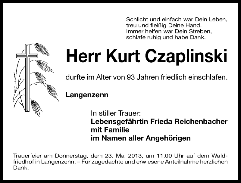  Traueranzeige für Kurt Czaplinski vom 22.05.2013 aus Fürther Nachrichten Lokal