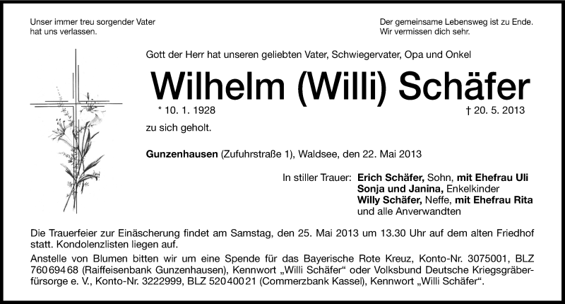  Traueranzeige für Wilhelm Schäfer vom 22.05.2013 aus Altmühl-Bote Lokal