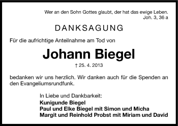 Traueranzeige von Johann Biegel von Erlanger Nachrichten Lokal
